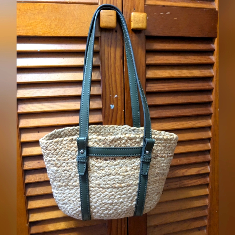 ZARA Small Jute Midi Tote Summer Bag Natural Basket Raffia Olive Green Trim